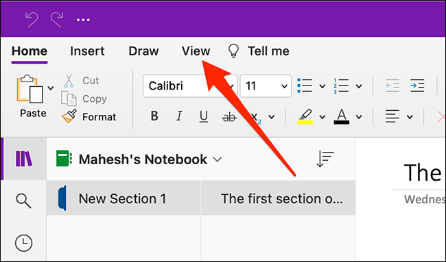 El menú Ver en OneNote para Mac