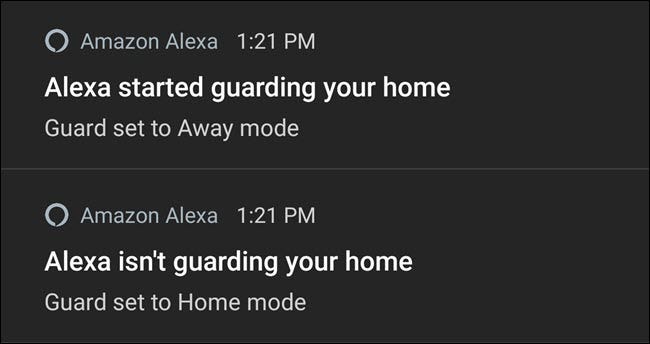 Notificaciones de Alexa que activan y desactivan la guardia.