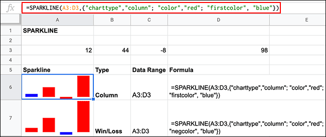 Varias opciones de formato de color para fórmulas SPARKLINE en Google Sheets