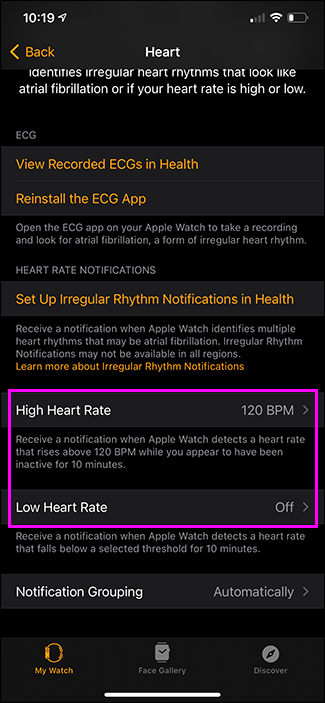 Opciones de alerta de frecuencia cardíaca alta y baja resaltadas en la aplicación del reloj