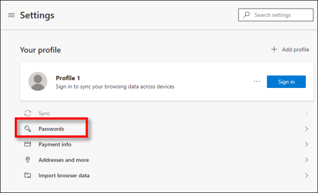 Haga clic en Contraseñas en la configuración de Edge