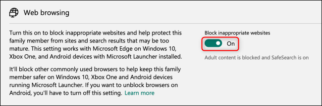 Alternar bloque de navegación web de grupo familiar de Microsoft