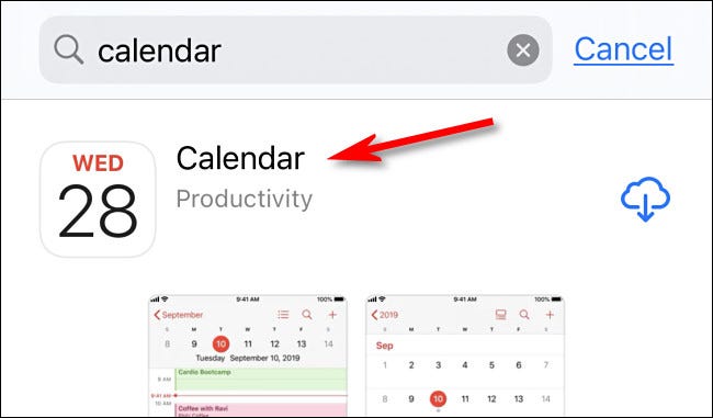 En la App Store, toque "Calendario" en los resultados de búsqueda.