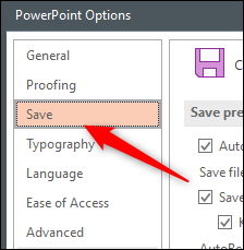 Pestaña Guardar en la ventana Opciones de Word Office