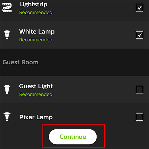 Seleccione las luces que desea usar y luego toque "seguir"