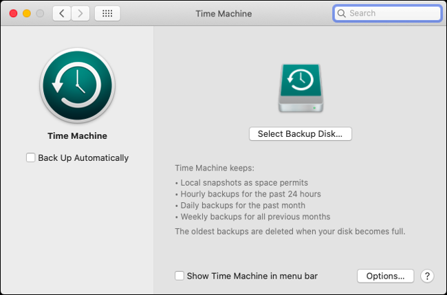 los "Máquina del tiempo" menú en macOS.