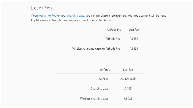 los "AirPods perdidos" página en el sitio web de Apple. 