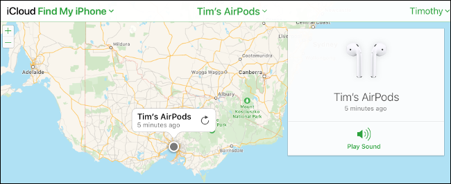 AirPods etiquetados en un "Encontrar mi iphone" mapa en el sitio de iCloud. 