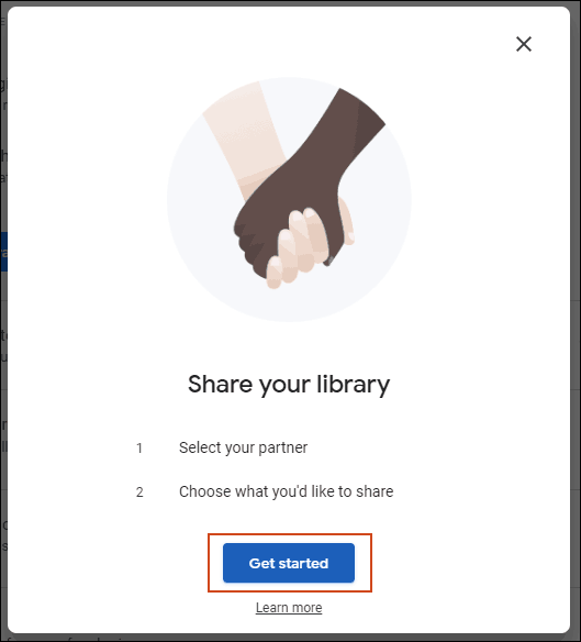 En la pantalla Comparte tu biblioteca, haz clic en Comenzar