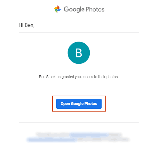 Haz clic en Abrir Google Photos en tu correo electrónico de invitación.