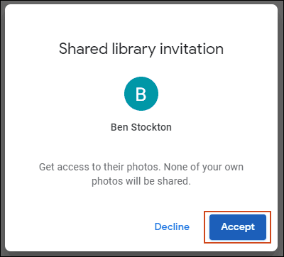 Haga clic en Aceptar para la invitación a la biblioteca compartida.
