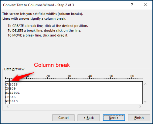 Insertar un salto de columna en Texto a columnas