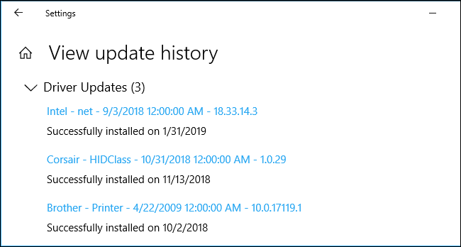 Historial de actualización del controlador en la configuración de Windows 10