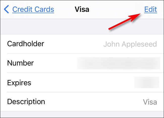 En la pantalla de detalles de la tarjeta de crédito, toque "Editar" para editar los detalles.