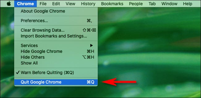 En una Mac, haga clic en el "Cromo" en la barra de menú y seleccione "Sal de Chrome."