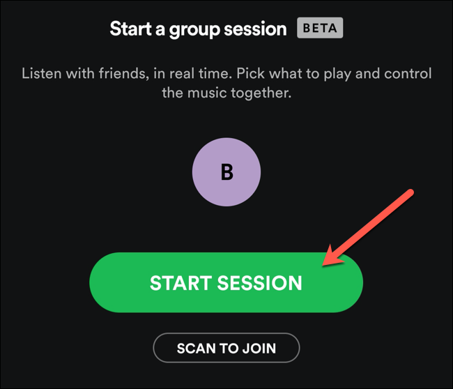 Toque Iniciar sesión para iniciar una nueva sesión grupal de Spotify.