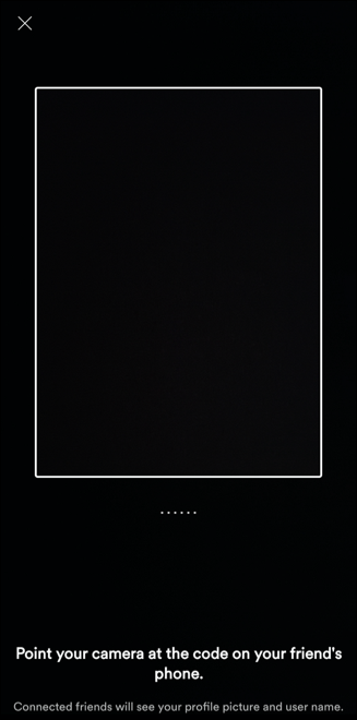 Pantalla de escaneo de código compartido de Spotify Group, que le permite escanear un código de invitación de sesión de grupo cercano.