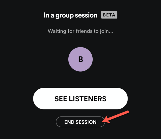 Toque Finalizar sesión para finalizar una sesión grupal de Spotify.