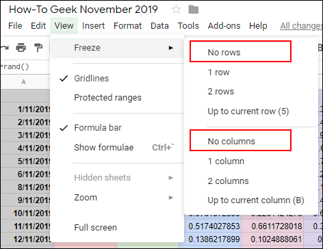 Para descongelar una columna o fila en Hojas de cálculo de Google, haga clic en Ver> Congelar, luego haga clic en Sin fila o Sin columna» ancho =»472″ altura =»364″ onload =»pagespeed.lazyLoadImages.loadIfVisibleAndMaybeBeacon (esto);» onerror =»this.onerror = null; pagespeed.lazyLoadImages.loadIfVisibleAndMaybeBeacon (esto);»/></p>
<h2 role=