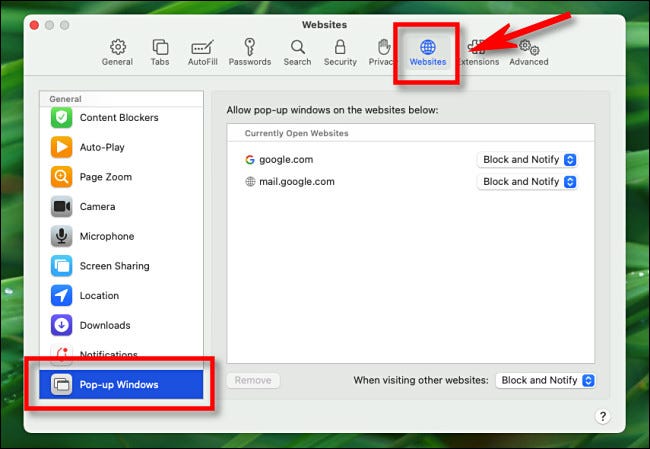 En las preferencias de Safari en Mac, haga clic en "Sitios web" y seleccione "Ventanas emergentes" en la barra lateral.