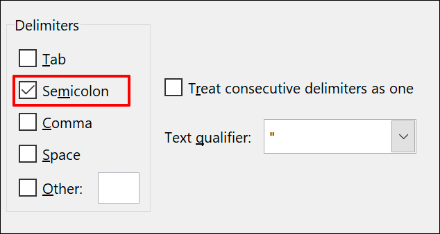 Opciones de delimitador de texto de columna en Microsoft Excel, con punto y coma seleccionado