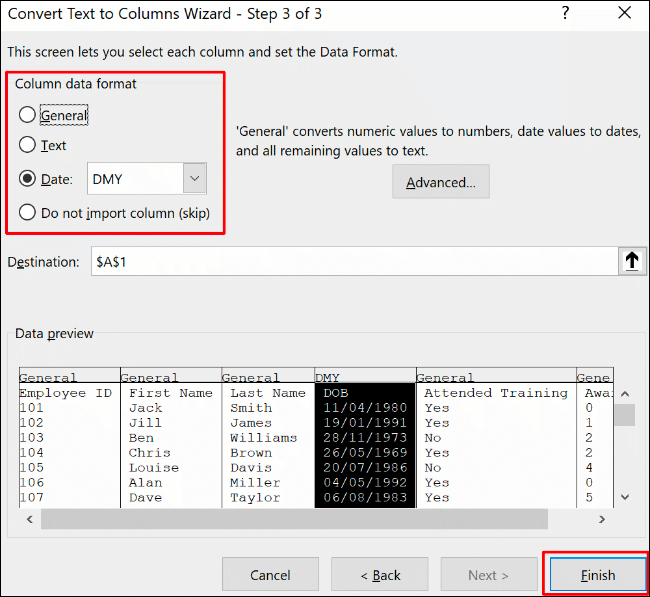 Confirme las opciones de formato de columna y luego haga clic en Finalizar para confirmar el proceso de conversión de texto a columna en Excel