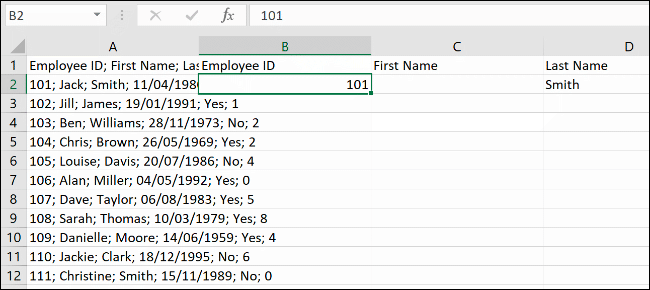 Datos en Microsoft Excel, listos para la función Flash Fill