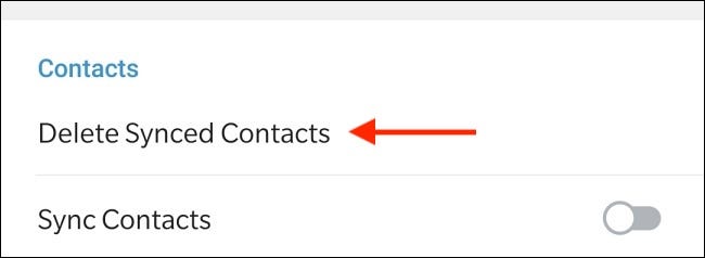 Toca Eliminar contactos sincronizados en Telegram para Android