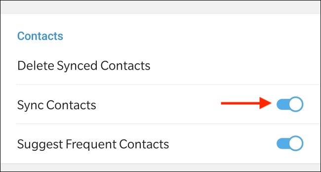 Toque alternar para desactivar la sincronización de contactos en Telegram para Android