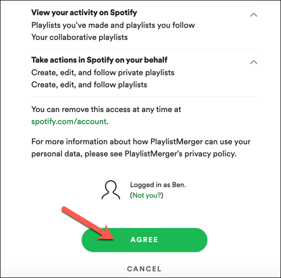 apurarse "Ponerse de acuerdo" para permitir que Spotify Playlist Merger acceda a su cuenta de Spotify.