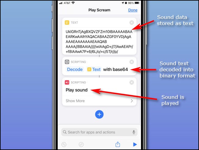 Una guía que muestra los pasos de "Jugar a gritar" código de acceso directo en un iPhone.