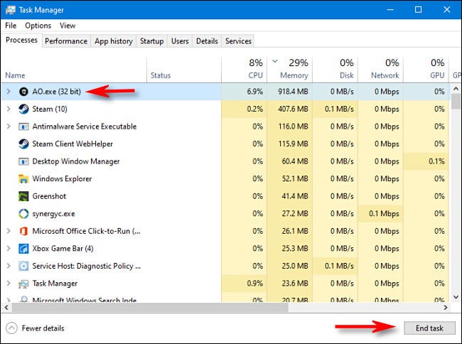 Para matar un proceso en el Administrador de tareas para Windows 10, seleccione el proceso de la lista y haga clic en "La tarea final."