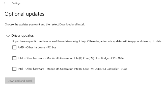 La nueva página de actualizaciones opcionales de Windows 10 enumera las actualizaciones de controladores.