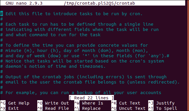 tabla cron en el editor nano