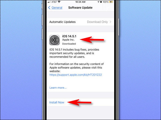 Si hay una actualización de iOS disponible, aparecerá en la lista "Actualización de software" página.