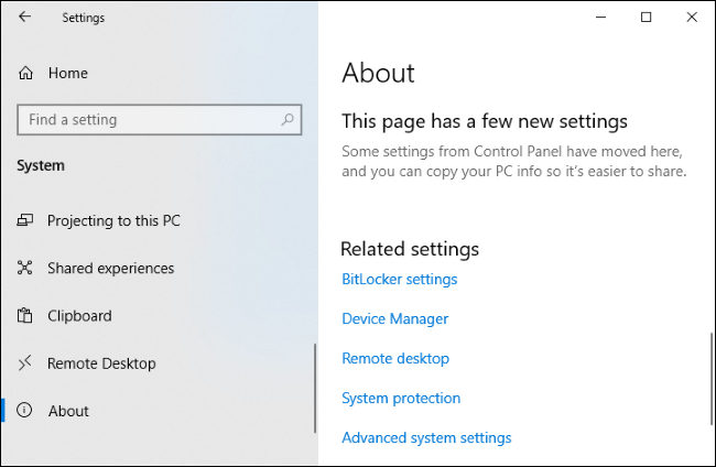 La página Acerca de la aplicación de configuración de Windows 10 que muestra enlaces de configuración relacionados