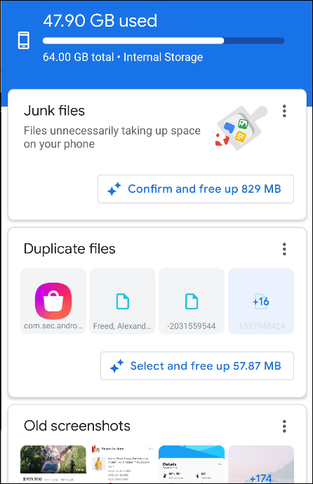 Archivos de Google que muestran la cantidad de espacio utilizado en un teléfono Android.