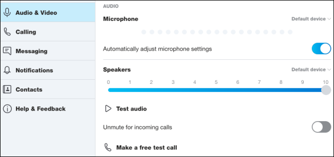 Skype "Audio y video" menú.