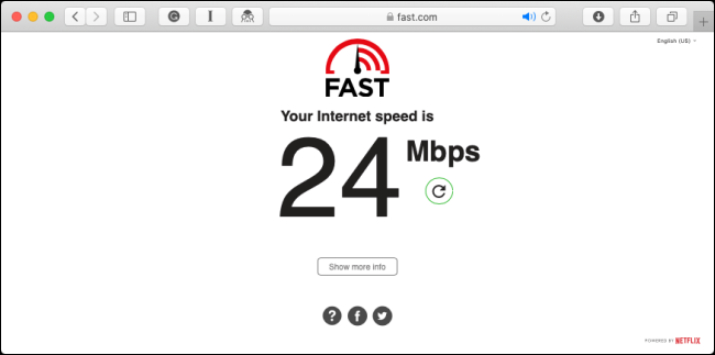 Una prueba de velocidad de Internet en el sitio web Fast.com.