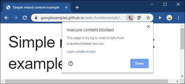 El mensaje Contenido inseguro bloqueado en Google Chrome.