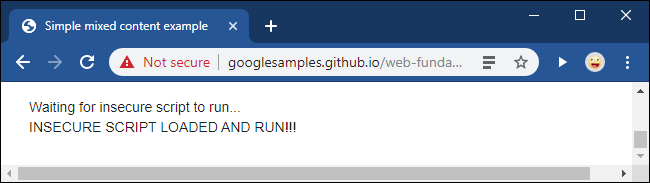 Un mensaje inseguro después de desbloquear un script de contenido mixto en Google Chrome.