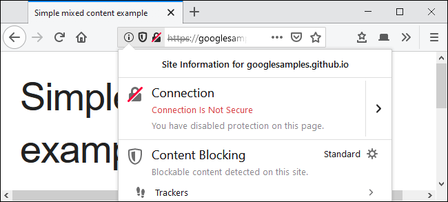 La conexión de advertencia no es segura después de desbloquear contenido mixto en Firefox.