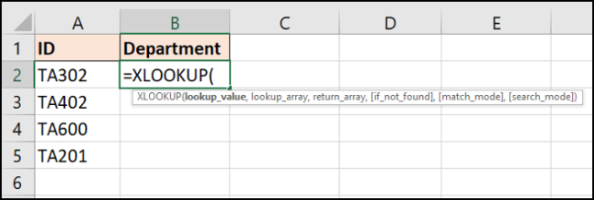 Información requerida por la función XLOOKUP