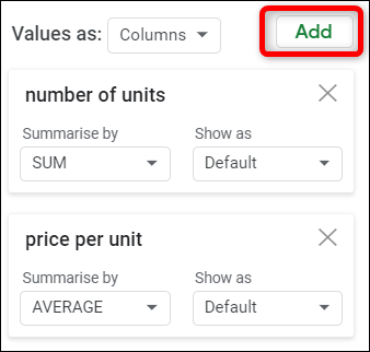 Al lado de "Valores," Haga clic en "Agregar," luego elija los valores que desea resumir en su tabla.