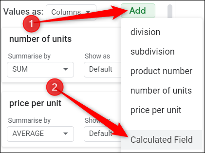 Para agregar un resumen personalizado, haga clic en "Agregar" junto al encabezado Valores, luego haga clic en "Campo calculado."