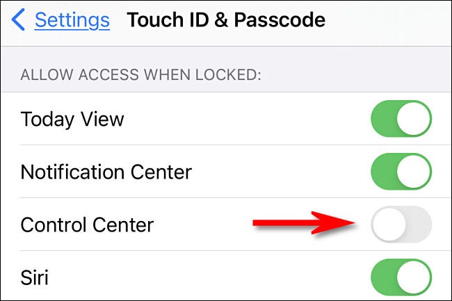 En la configuración del código de acceso, apague el interruptor junto a "Centro de control."