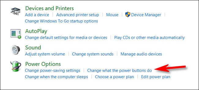 En Hardware y sonido, haga clic en "Cambia lo que hacen los botones de encendido."