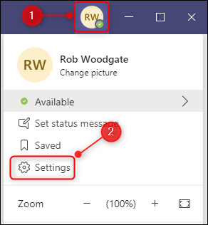 La opción Configuración de Microsoft Teams.