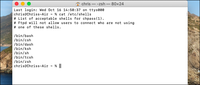 Lista de shells disponibles en el terminal macOS Catalina.