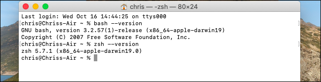 Ver versiones de Bash y Zsh en macOS Catalina.